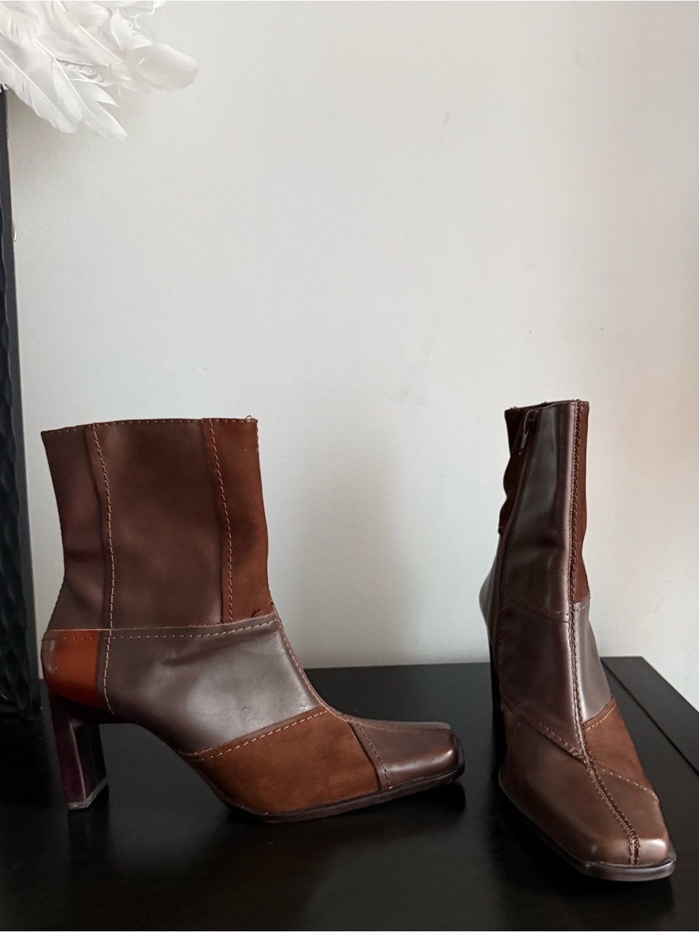 Bronx Two-Tone Brown Patchwork Mid-Heel Boots